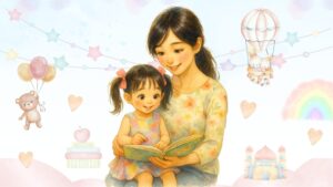 ママのひざに座って絵本を読んでもらう女の子。優しい笑顔で本の世界を楽しんでいる様子。