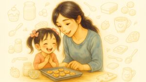 焼きたてのクッキーを見てうれしそうな女の子とママ。キッチンで楽しくおやつ作り。