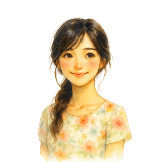 やさしくほほえむおとママ。花柄の服を着た明るくあたたかな雰囲気の女性のイラスト。