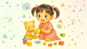 くまのぬいぐるみと一緒にお茶会を楽しむ女の子。ブロックやおままごとの道具に囲まれて遊んでいる様子。