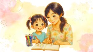 クレヨンで絵を描く女の子とママ。笑顔で一緒にお絵かきを楽しんでいる様子。